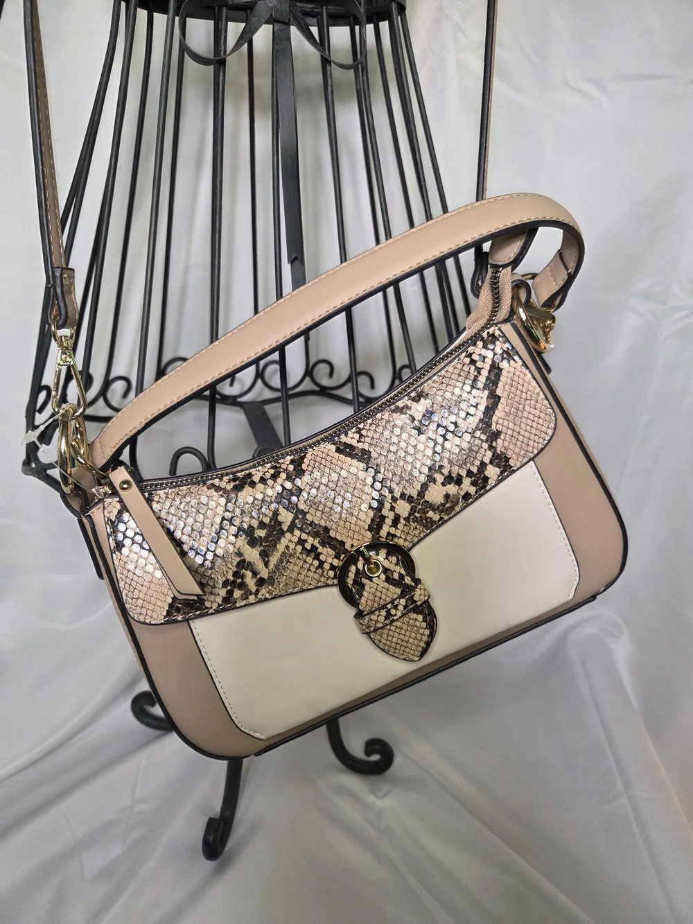 P76. Nanette Lepore Beige Cream Snake-Print Shoulder Bag NWOT